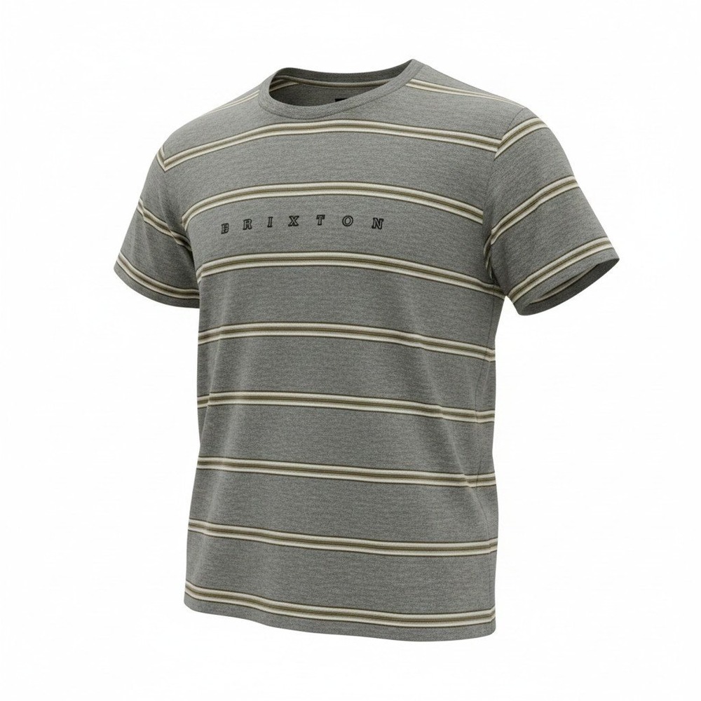 Brixton Mens Striped Short Sleeve T-Shirt Heather Grey Embroidered Logo Large